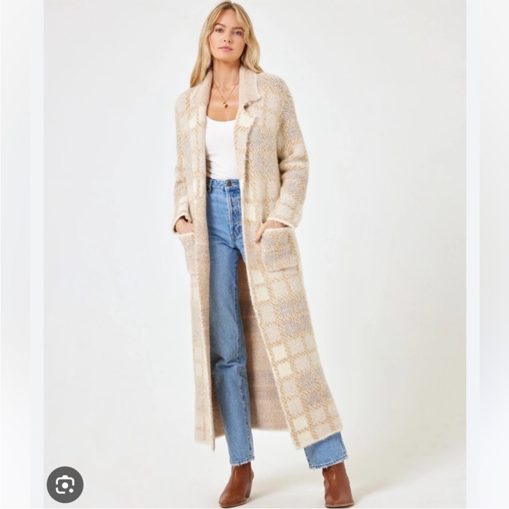 LSPACE Hygge Coat Sweater Weather Plaid Tan Duster Open Front Cozy Size M/L NEW